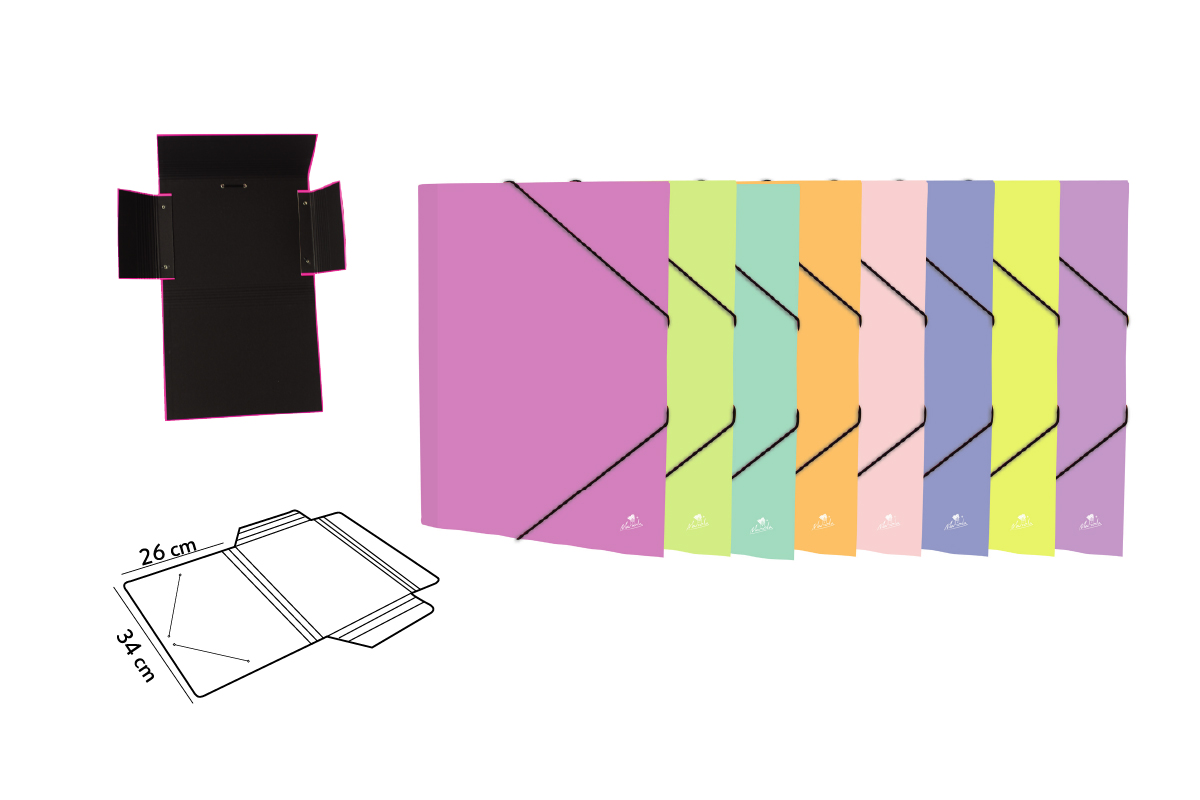 13.EXPOSITOR CON CARPETAS GOMAS Y SOLAPAS CARTON FORRADO EN PAPEL PASTEL PLASTIFICADO MATE