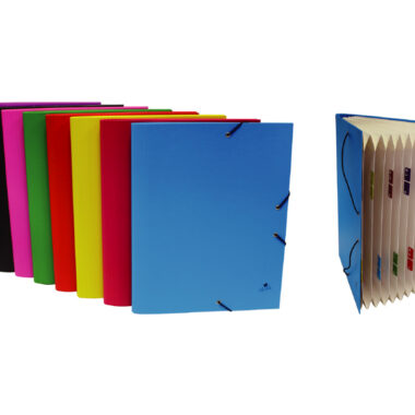 CARPETA FUELLE ACORDEÓN 12 BOLSAS CARTÓN FORRADO FORRADO EN PAPEL IMPRESO PLASTIFICADO MATE CON CIERRE GOMA