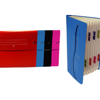 CARPETA FUELLE ACORDEÓN 12 BOLSAS CARTÓN IMPRESO 500 gr. CON CIERRE GOMA PLASTIFICDO MATE