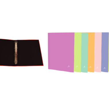 EXPOSITOR CON CARPETAS ANILLAS CARTÓN FORRADO EN PAPEL PASTEL PLASTIFICADO MATE