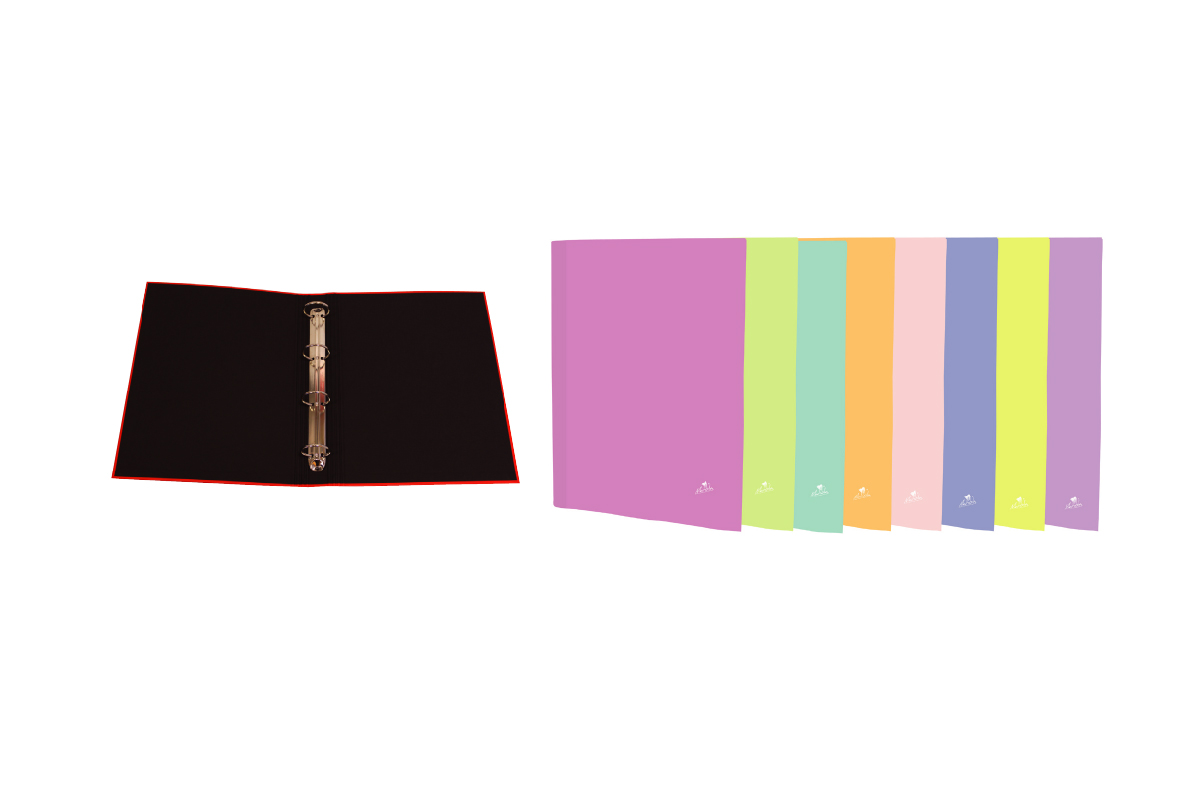 06.EXPOSITOR CON CARPETAS ANILLAS CARTON FORRADO EN PAPEL PASTEL PLASTIFICADO MATE