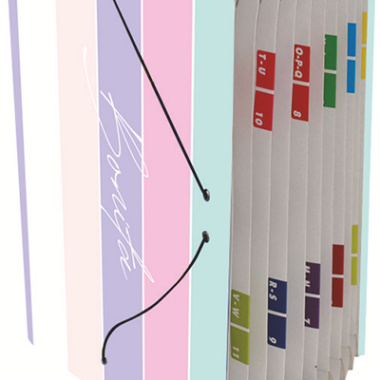 EXPOSITOR 20 CARPETAS ACORDEÓN 12 BOLSAS CARTÓN FORRADO EN PAPEL IMPRESO DISEÑOS PLASTIFICADO MATE CON CIERRE GOMA