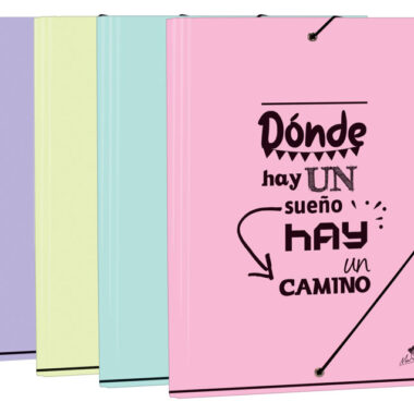 EXPOSITOR CON 24 CARPETAS GOMA Y SOLAPAS CARTÓN FORRADO EN PAPEL PASTEL PLASTIFICADO MATE CON FRASES