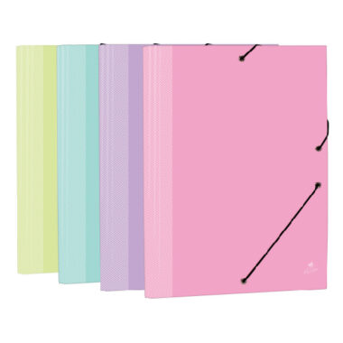 EXPOSITOR CON 24 CARPETAS Fº GOMA Y SOLAPAS CARTÓN FORRADO EN PAPEL PASTEL LOMO RAYADO PLASTIFICADO MATE